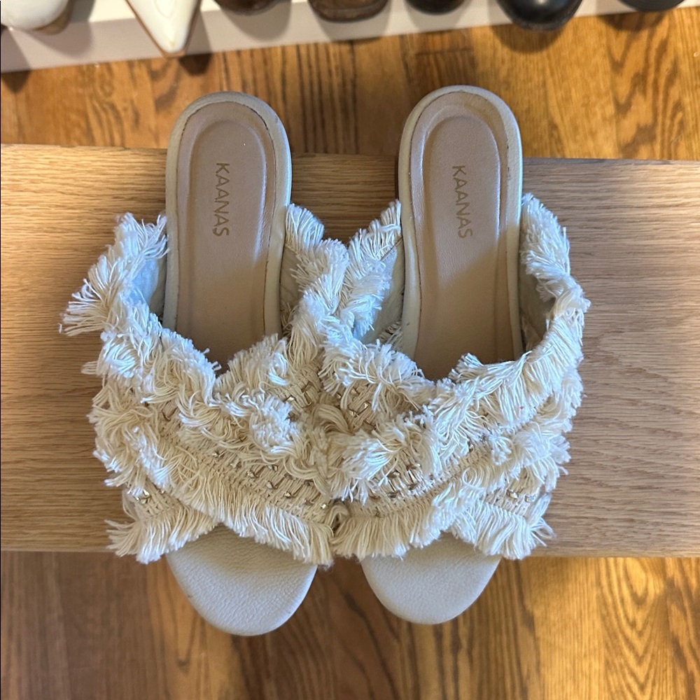 Kaanas Ivory Fringe Slide Sandals
